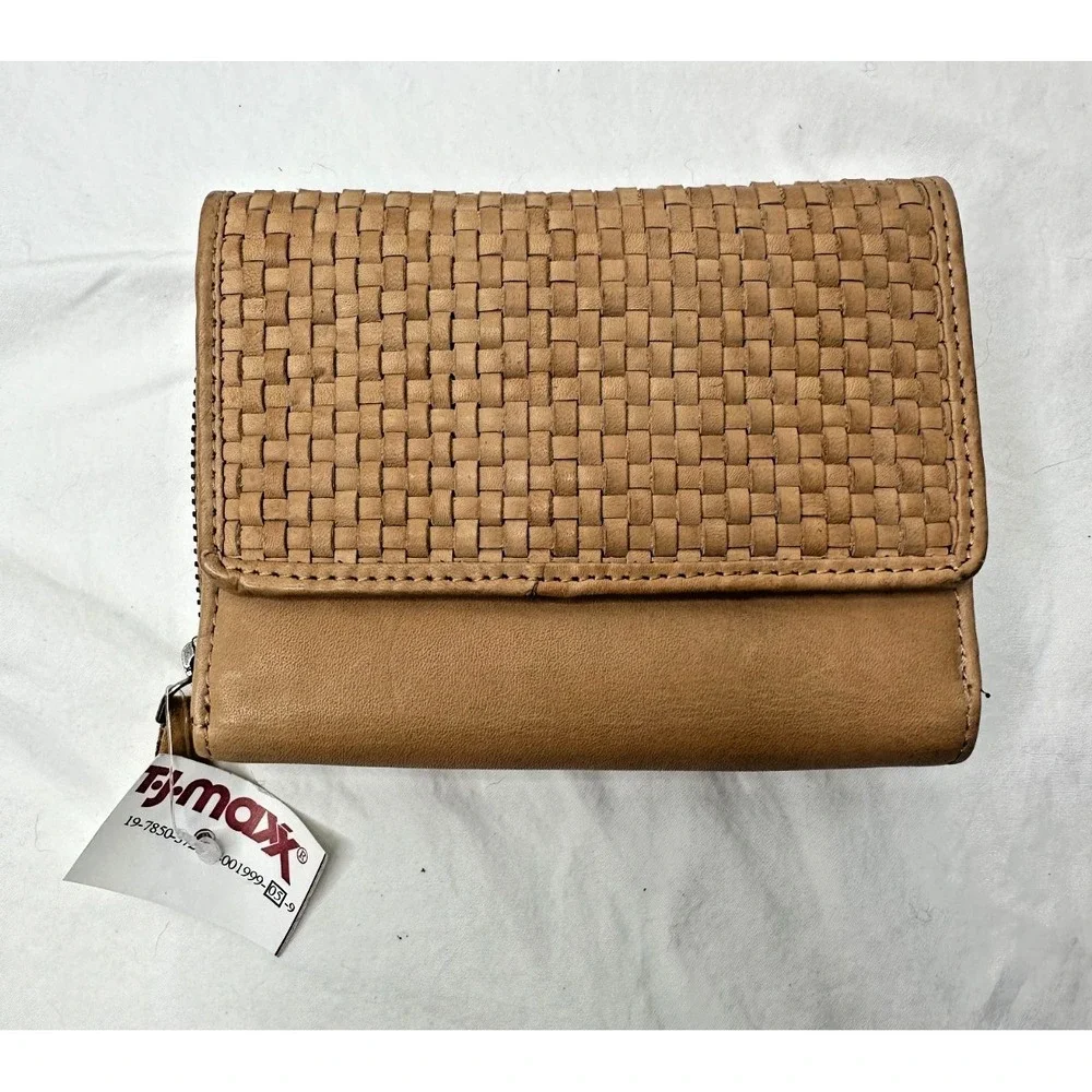 New Harbour 2nd Tan Leather Wallet Zip Around Weave Tri Fold‎ Multi Pocket